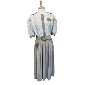 Vintage 80s Lady Carol Belted Midi Secretary Dress 14 Ivory Beige Polka Dot